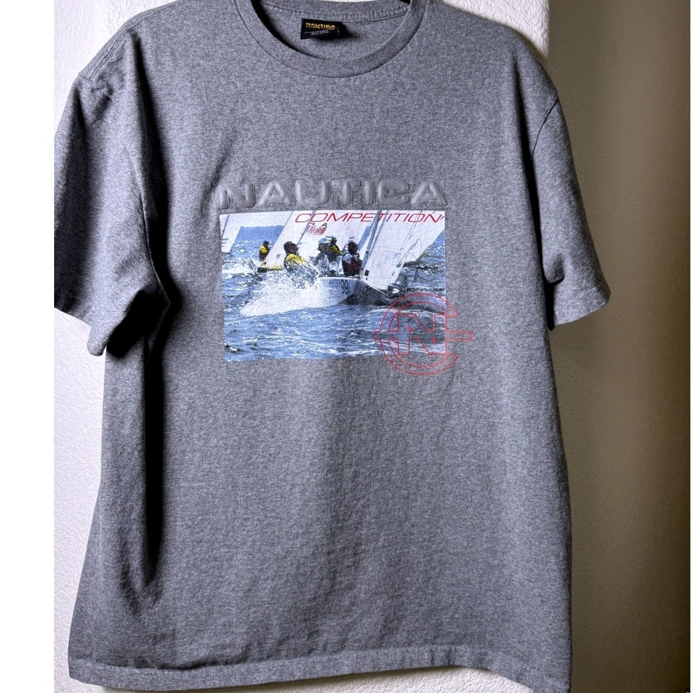 Vintage Nautica Competition Sailboat Graphic T-Shirt Gray Mens Medium 90s Sport
